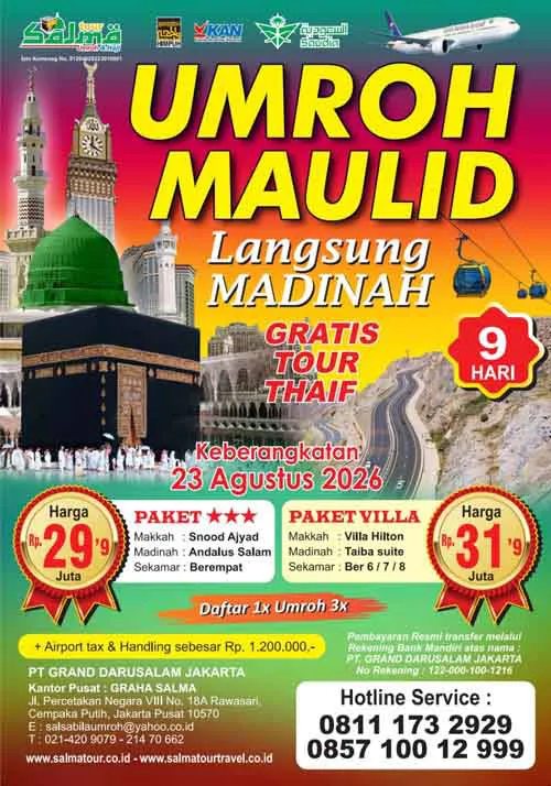 Harga Umroh Maulid Nabi Keberangkatan 23 Agustus 2026 - salma Tour